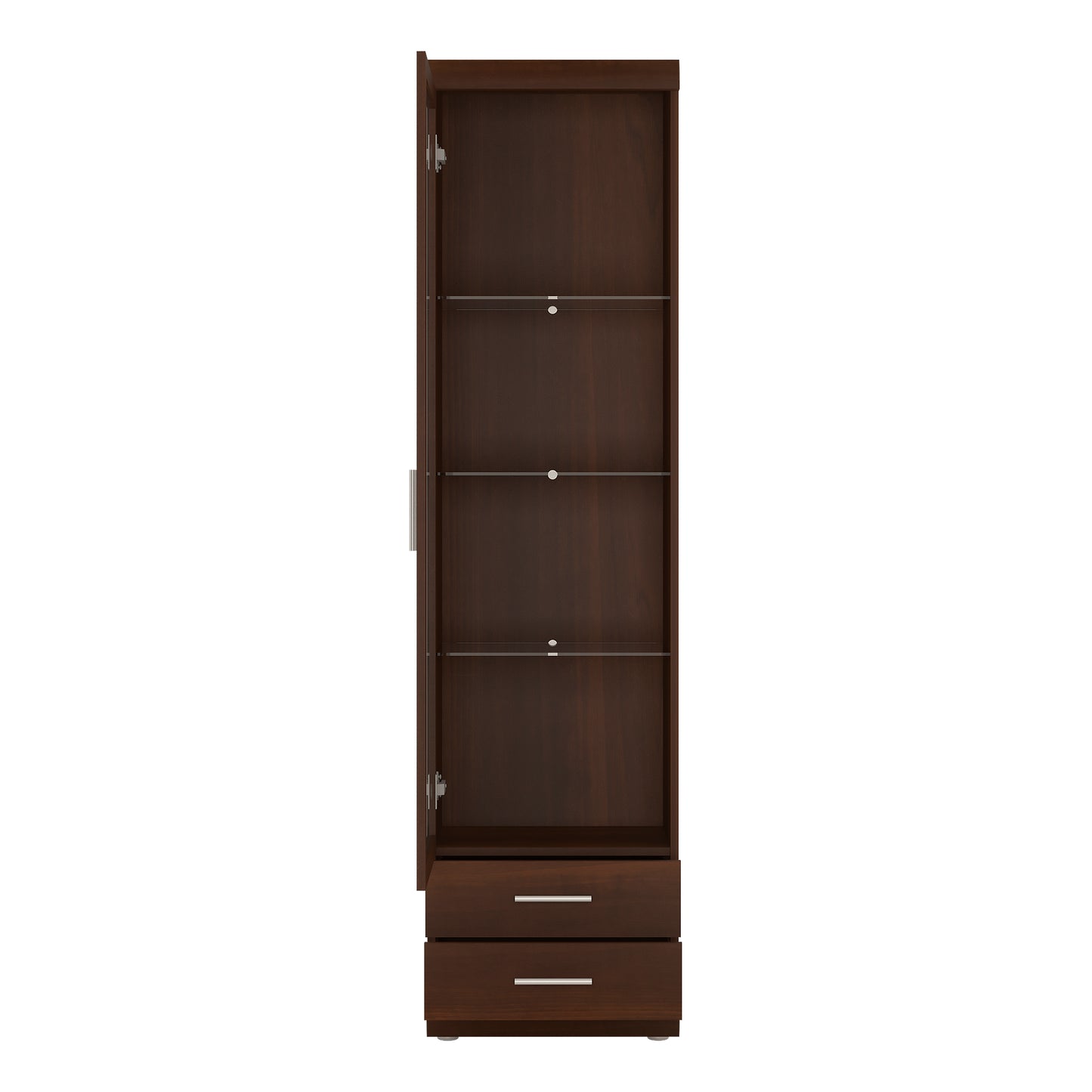 imperial tall glazed 1 door 2 drawer narrow cabinet in dark mahogany melamine
