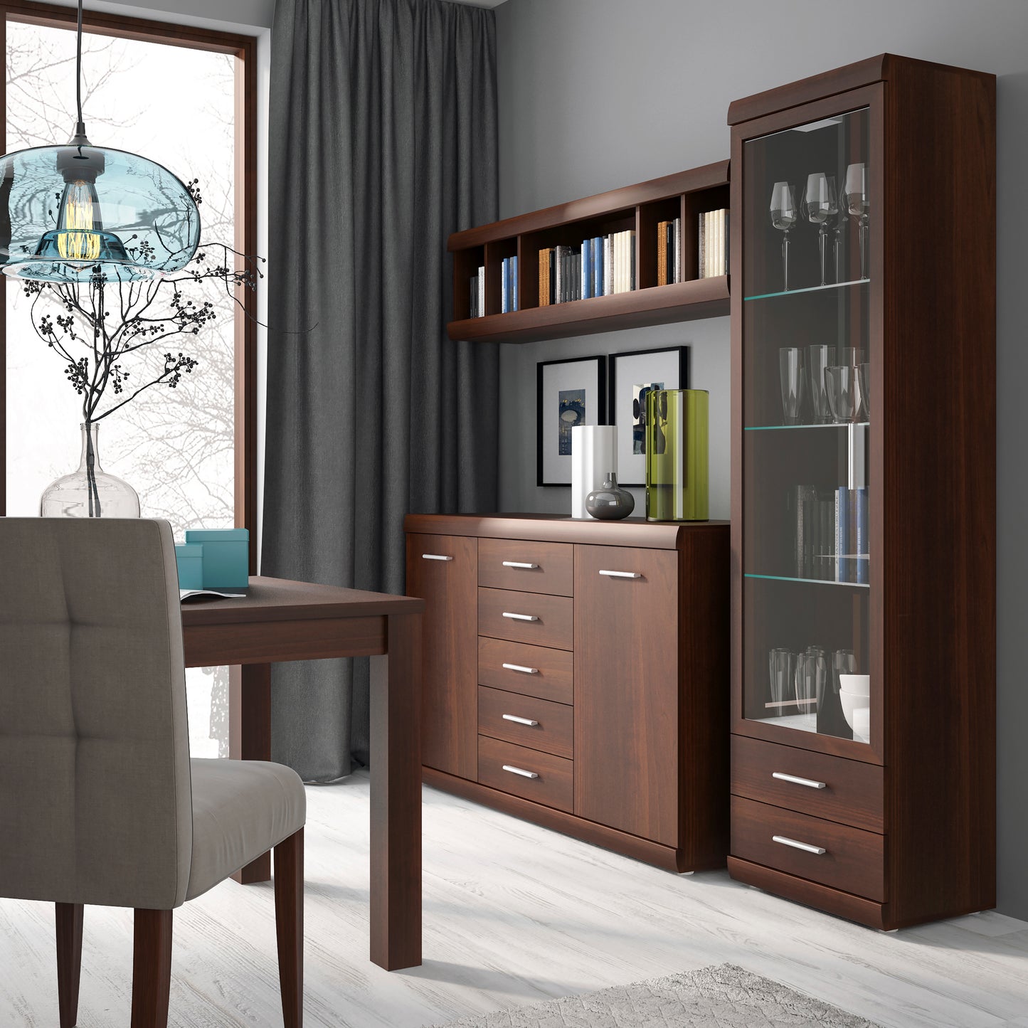 imperial tall glazed 1 door 2 drawer narrow cabinet in dark mahogany melamine