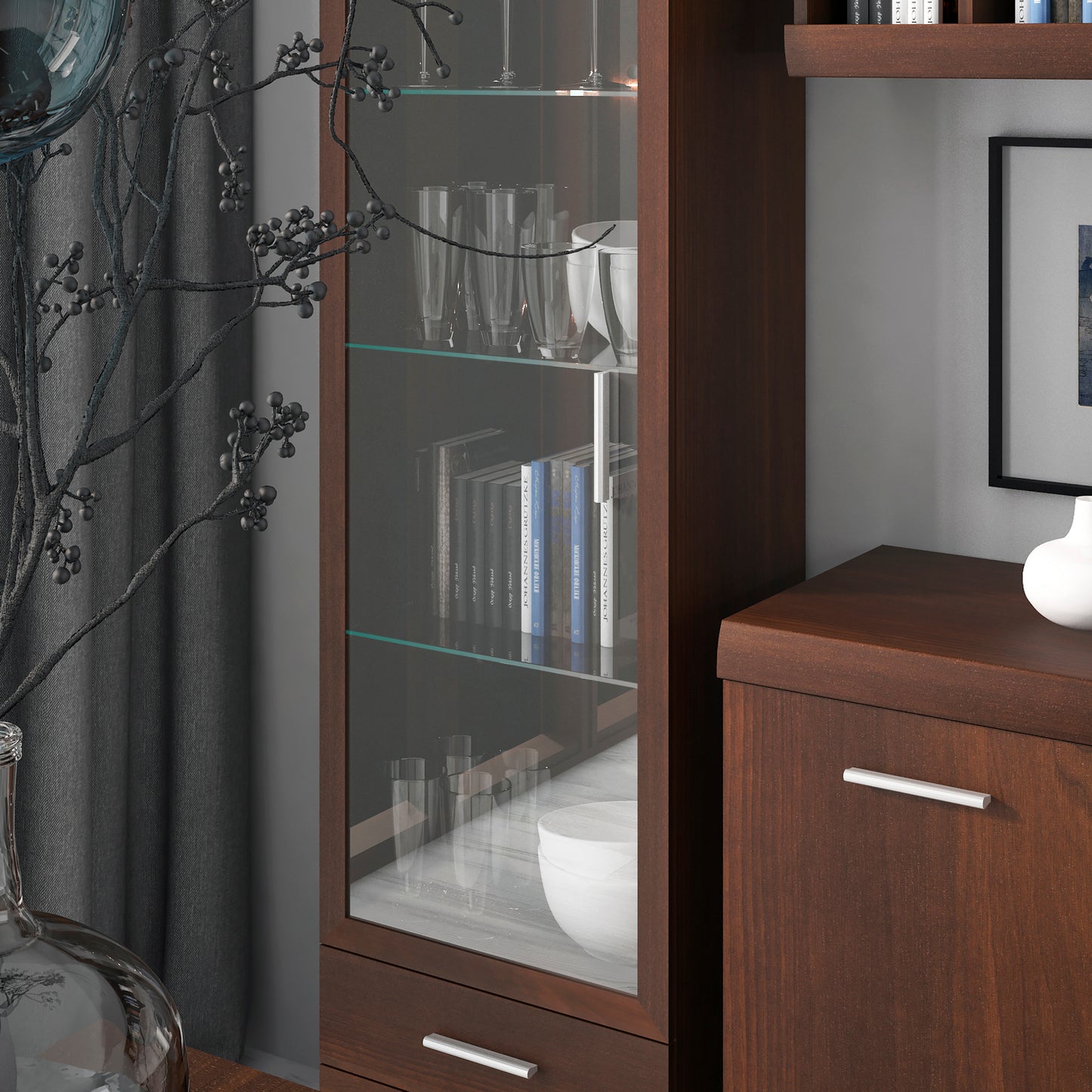 imperial tall glazed 1 door 2 drawer narrow cabinet in dark mahogany melamine