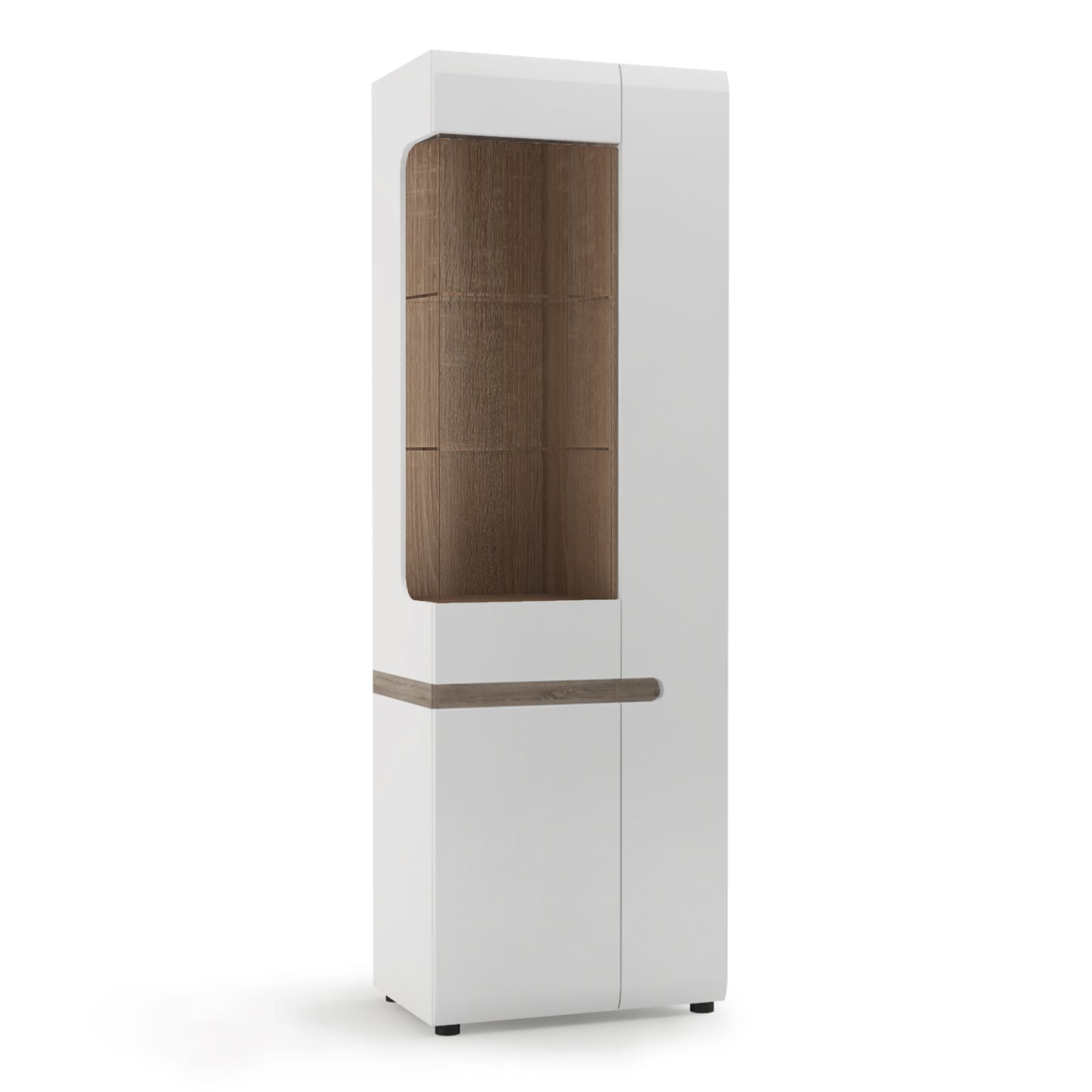 chelsea living tall glazed narrow display unit (rhd) in white with a truffle oak trim