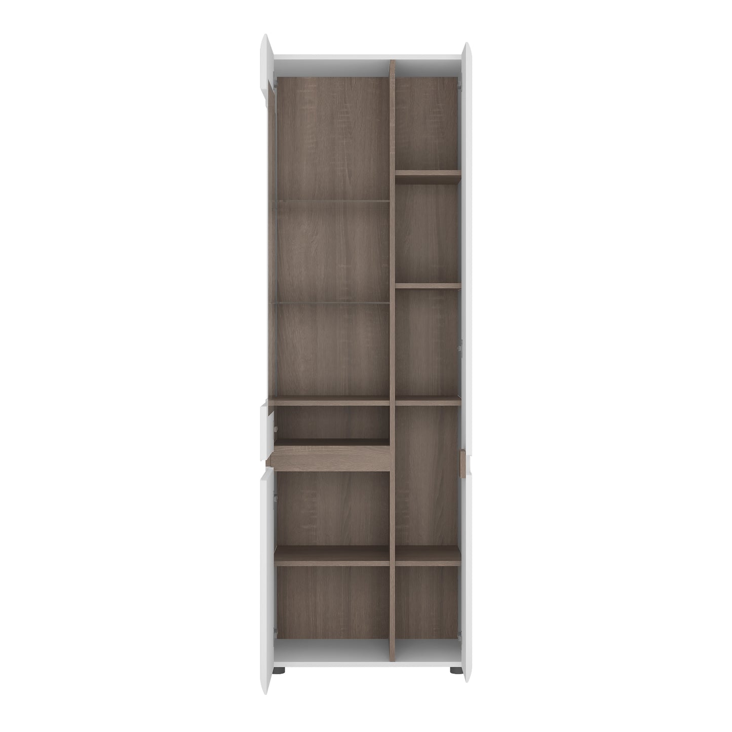 chelsea living tall glazed narrow display unit (rhd) in white with a truffle oak trim