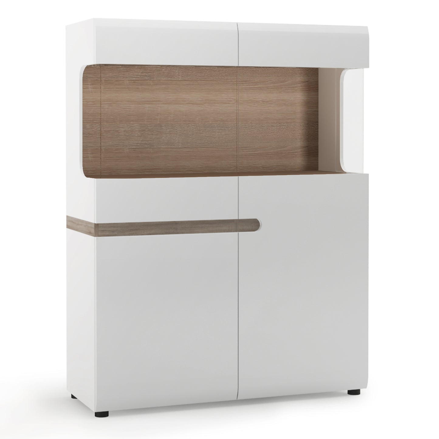 chelsea living low display cabinet 109cm wide in white with a truffle oak trim