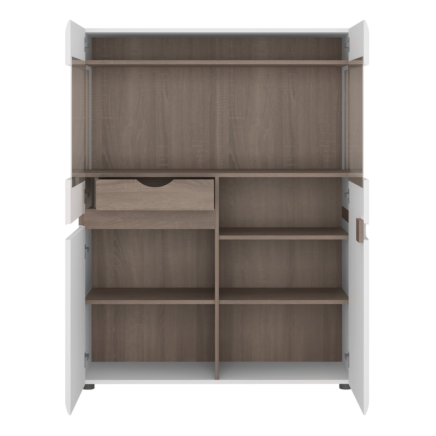 chelsea living low display cabinet 109cm wide in white with a truffle oak trim