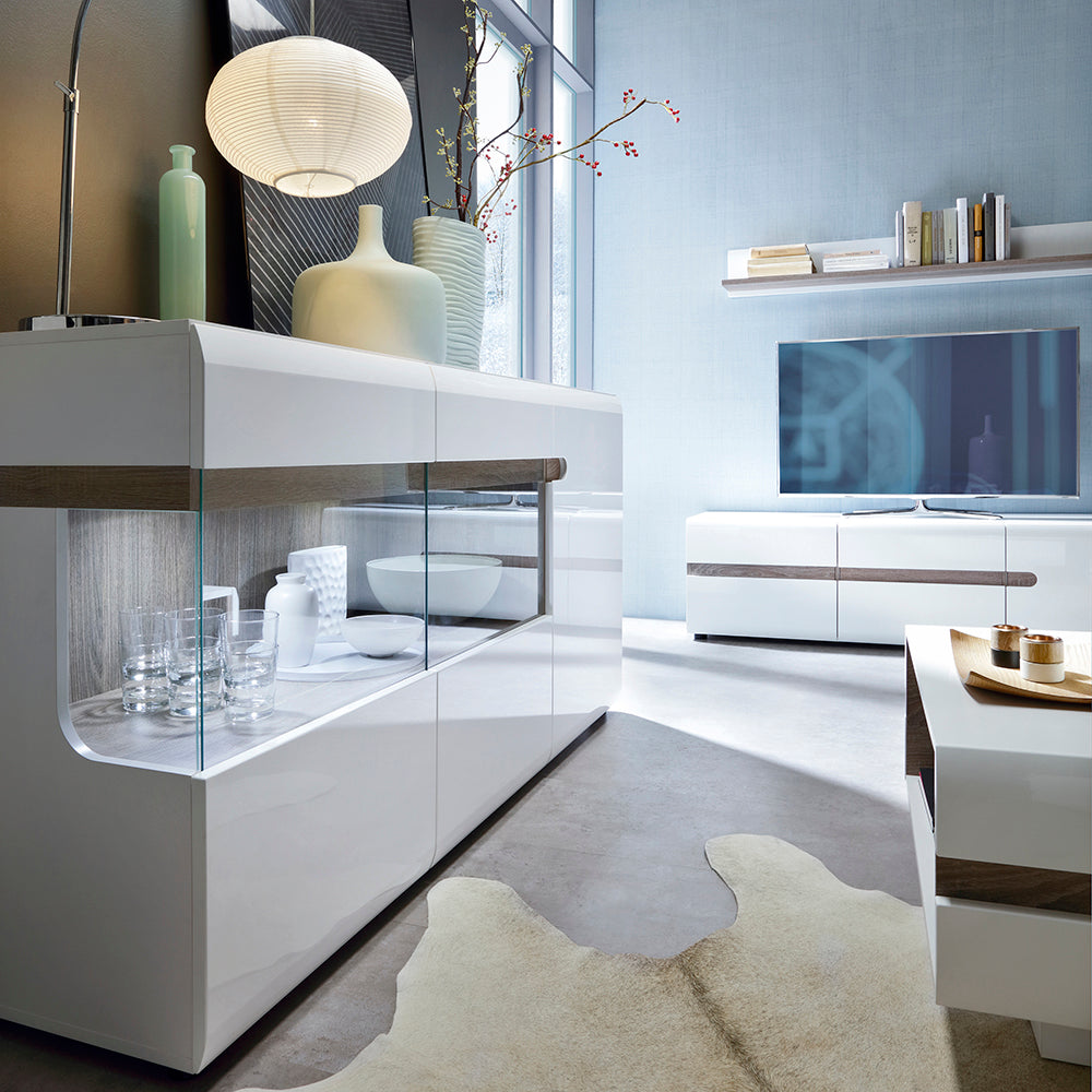 chelsea living 3 door glazed sideboard in white with a truffle oak trim