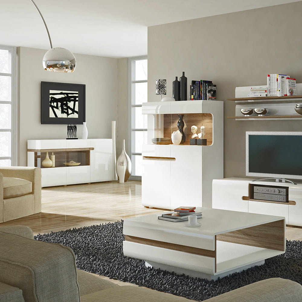 chelsea living 3 door glazed sideboard in white with a truffle oak trim