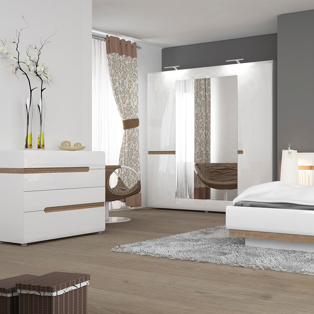 chelsea bedroom 4 drawer chest in white with a truffle oak trim