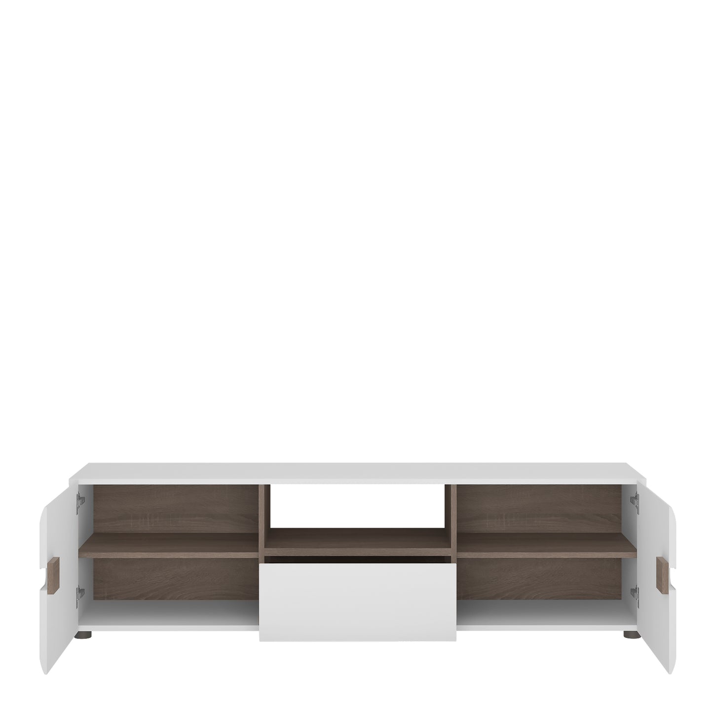 chelsea living wide tv unit in white with a truffle oak trim