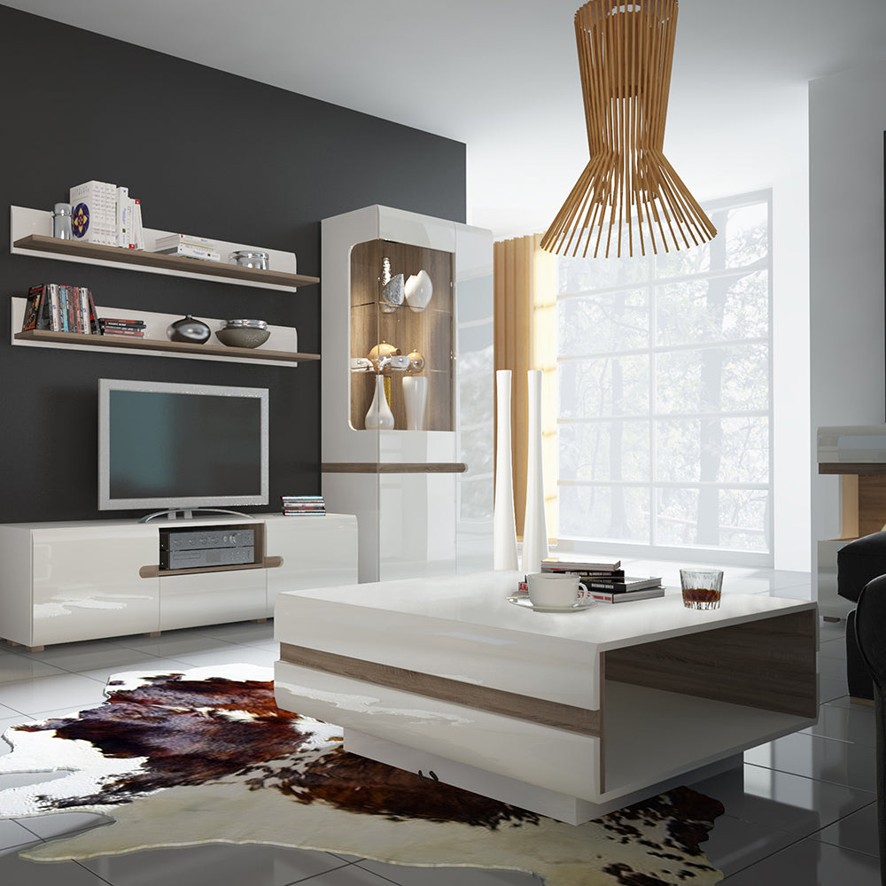 chelsea living small designer coffee table in white with a truffle oak trim