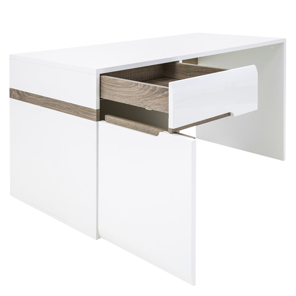 chelsea bedroom desk/dressing table in white with a truffle oak trim