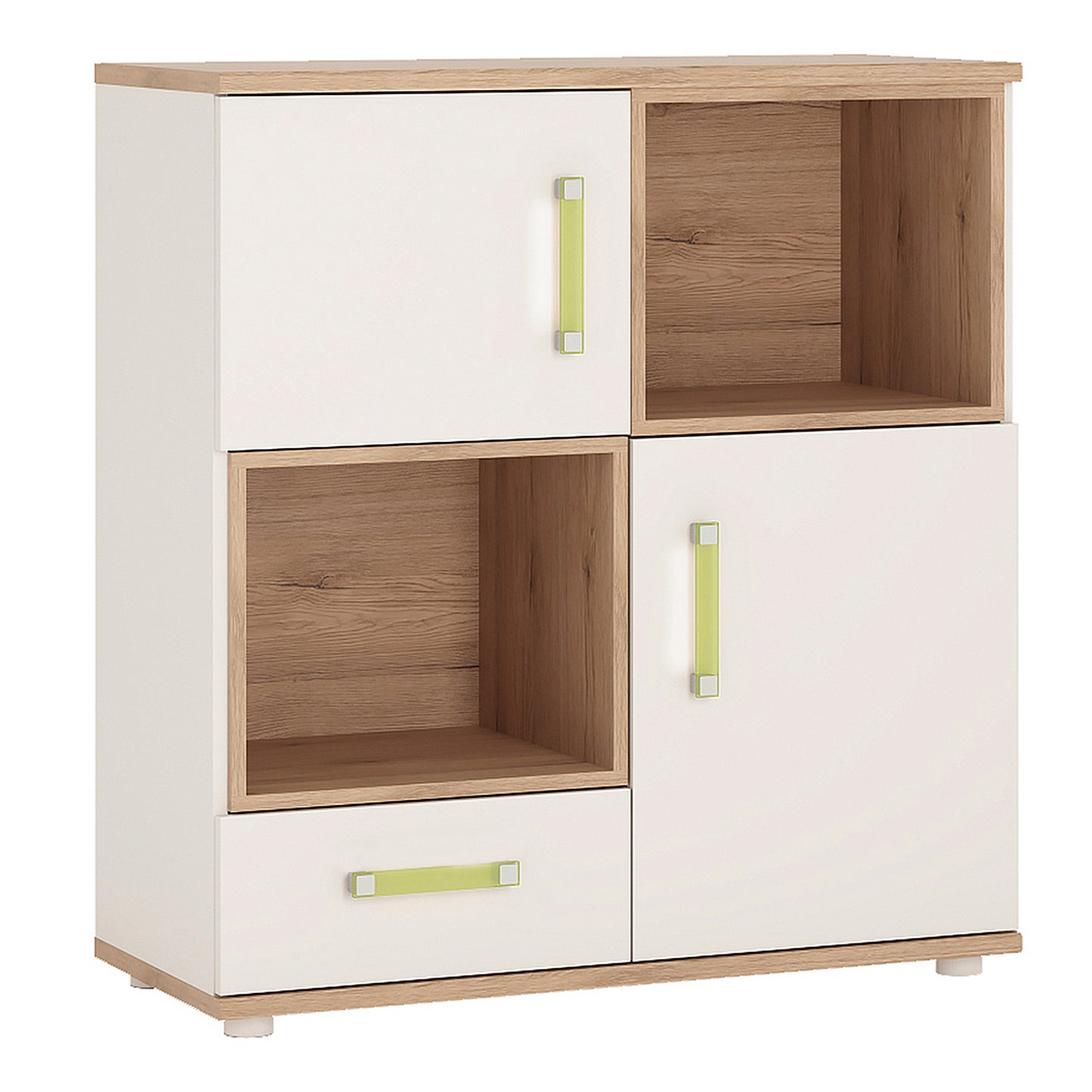 4kids 2 door 1 drawer cupboard with 2 open shelves with lemon handles