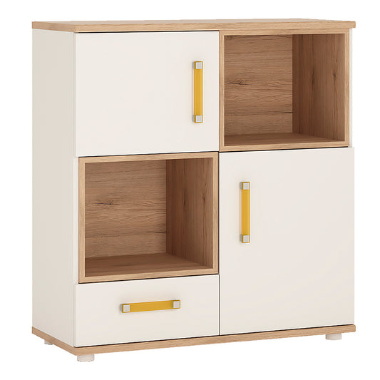 4kids 2 door 1 drawer cupboard with 2 open shelves with orange handles