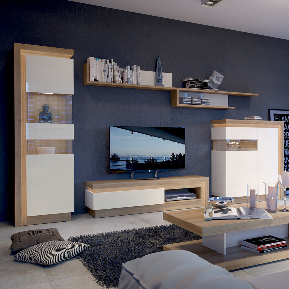 lyon 1 drawer tv cabinet with open shelf in riviera oak/white high gloss