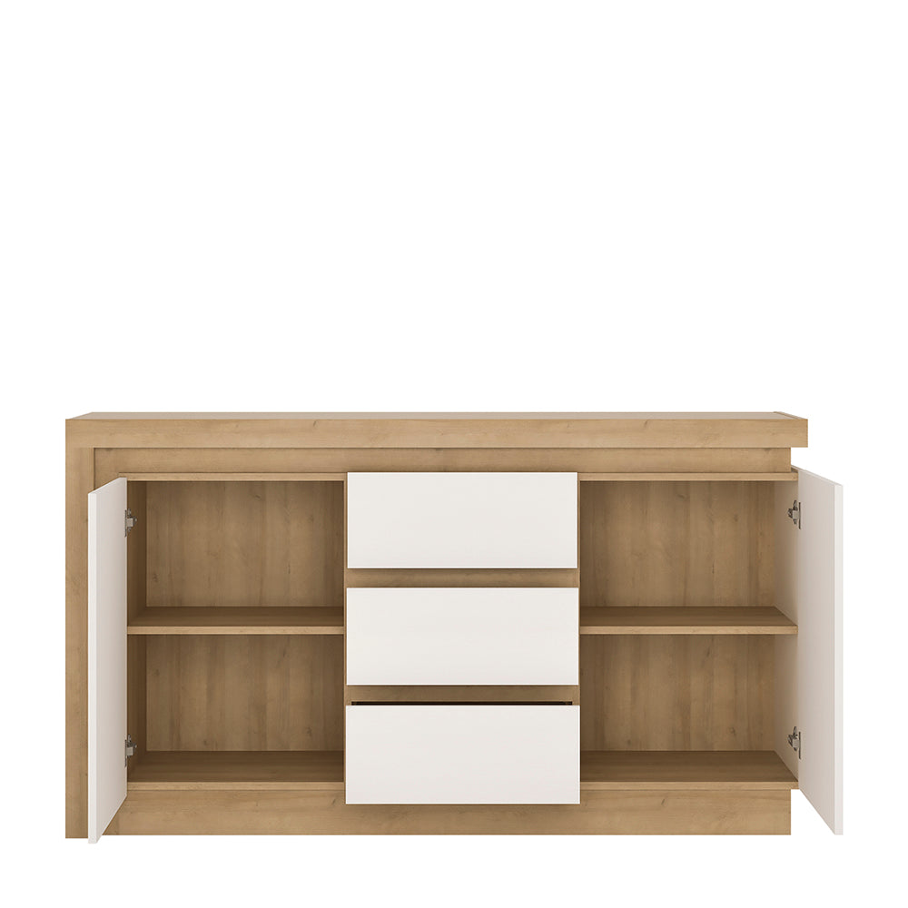 lyon 2 door 3 drawer sideboard in riviera oak/white high gloss