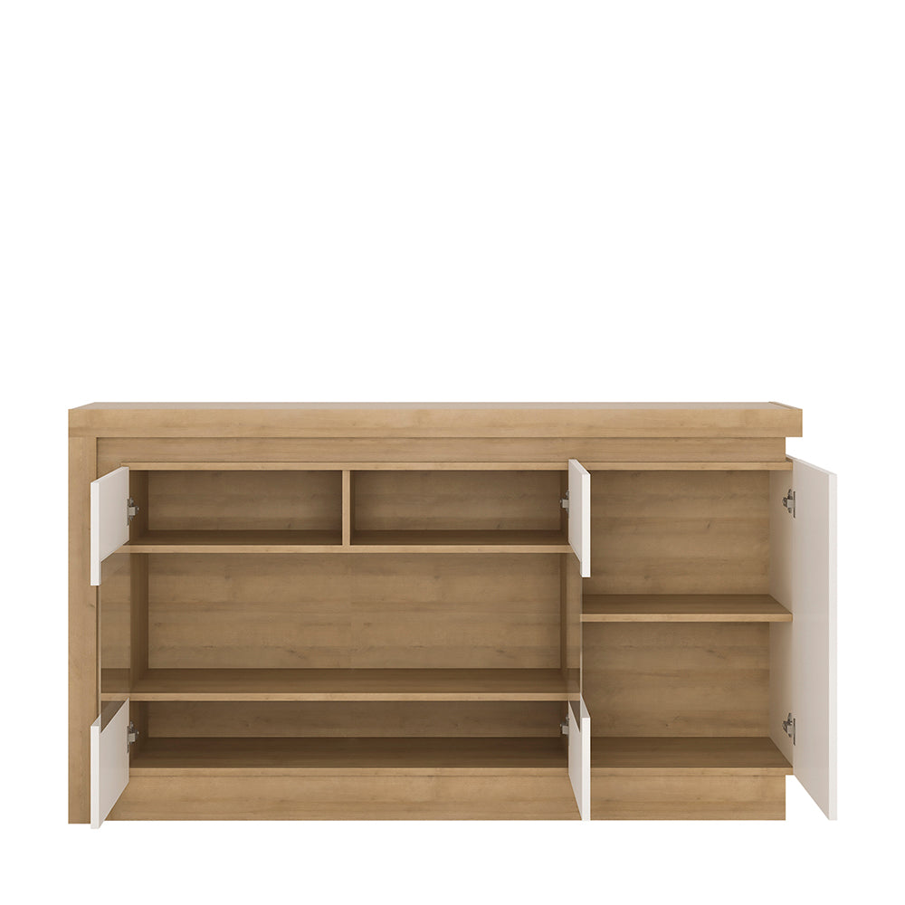 lyon 3 door glazed sideboard in riviera oak/white high gloss