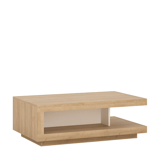 lyon designer coffee table in riviera oak/white high gloss