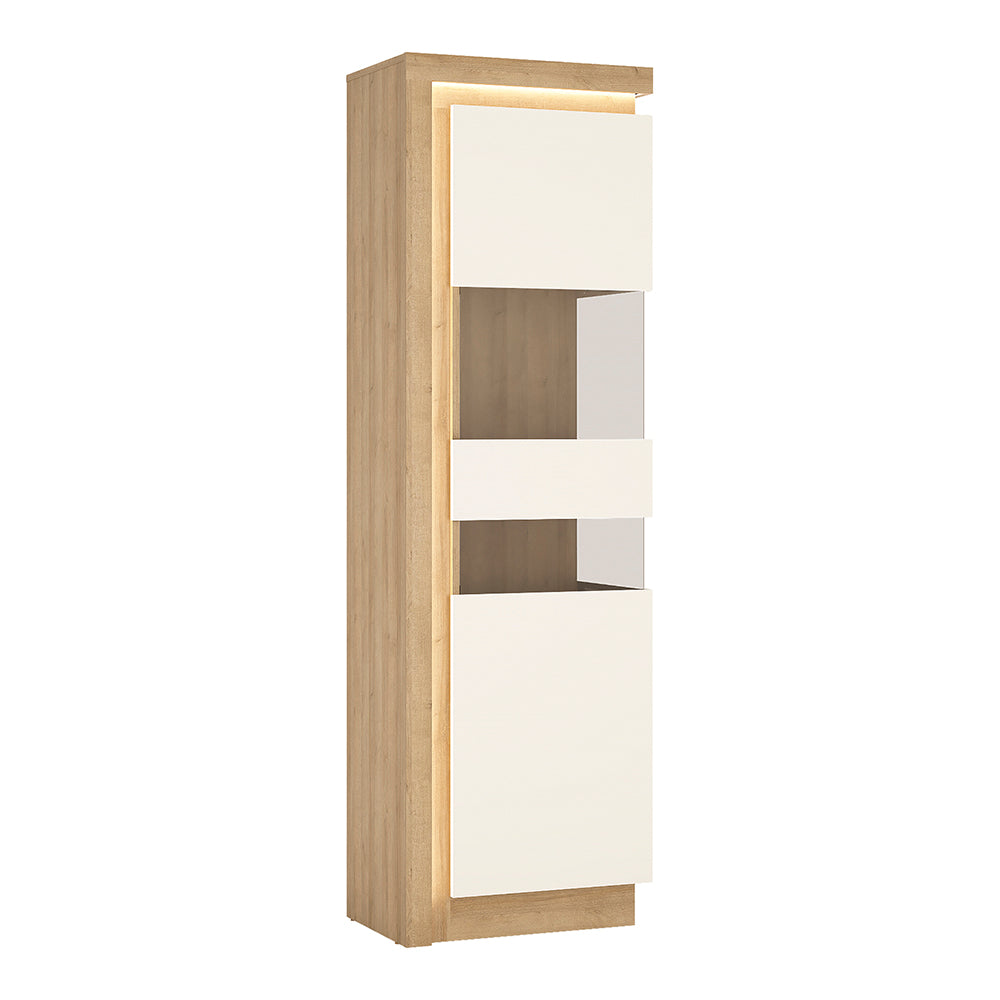 lyon tall narrow display cabinet (rhd) in riviera oak/white high gloss