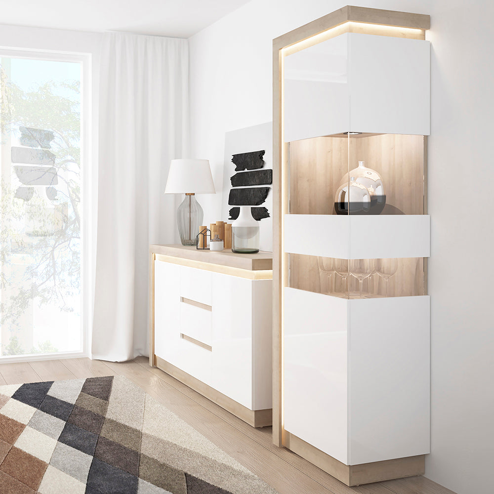 lyon tall narrow display cabinet (rhd) in riviera oak/white high gloss