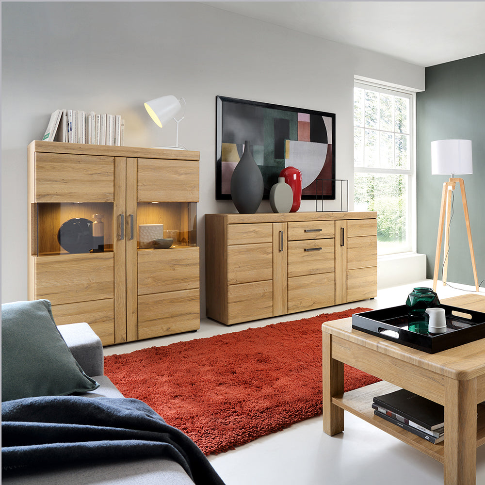 cortina low wide 2 door display cabinet in grandson oak