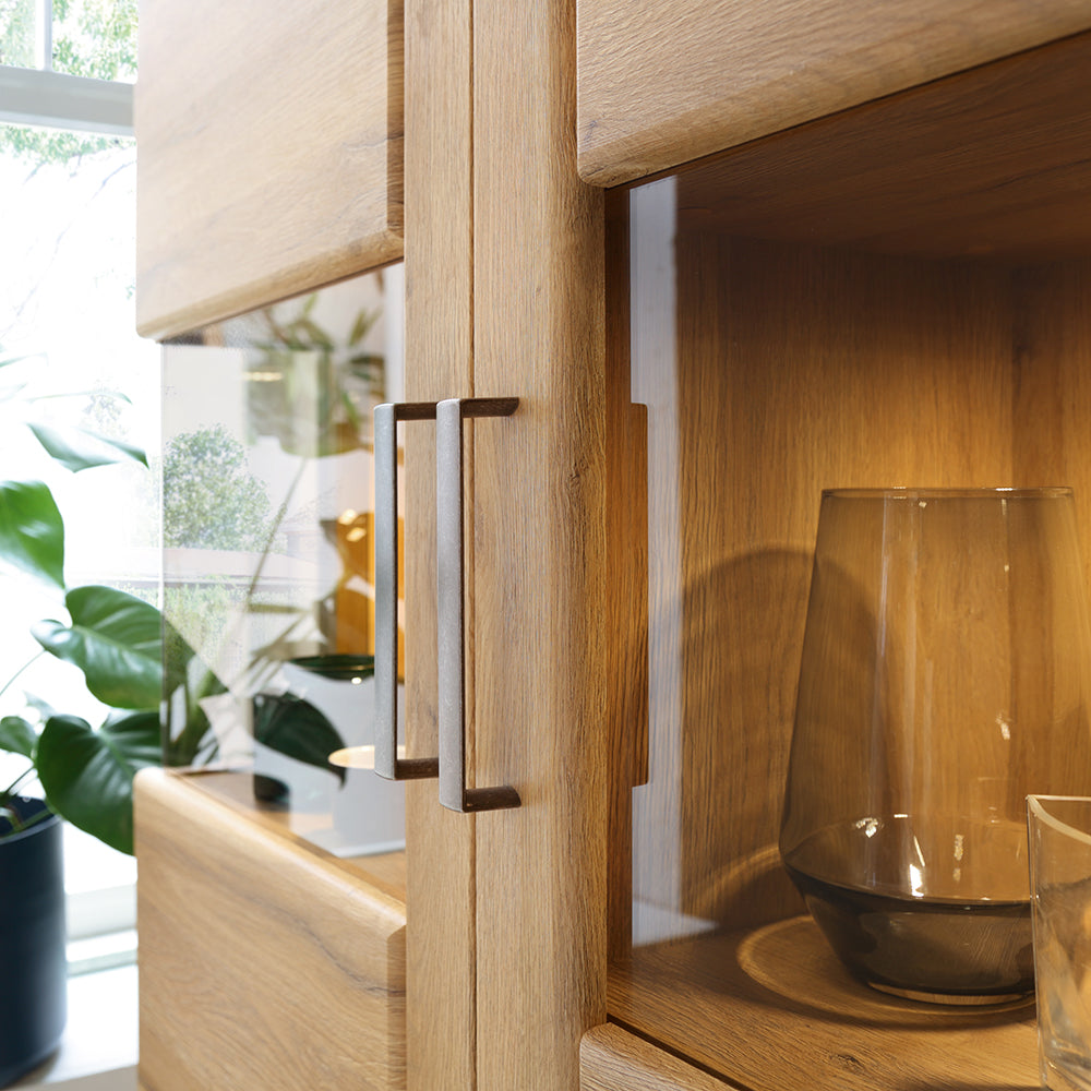 cortina low wide 2 door display cabinet in grandson oak