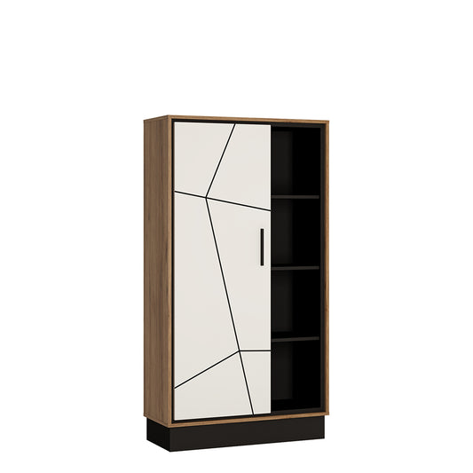 brolo wide 1 door bookcase with the walnut and dark panel finish