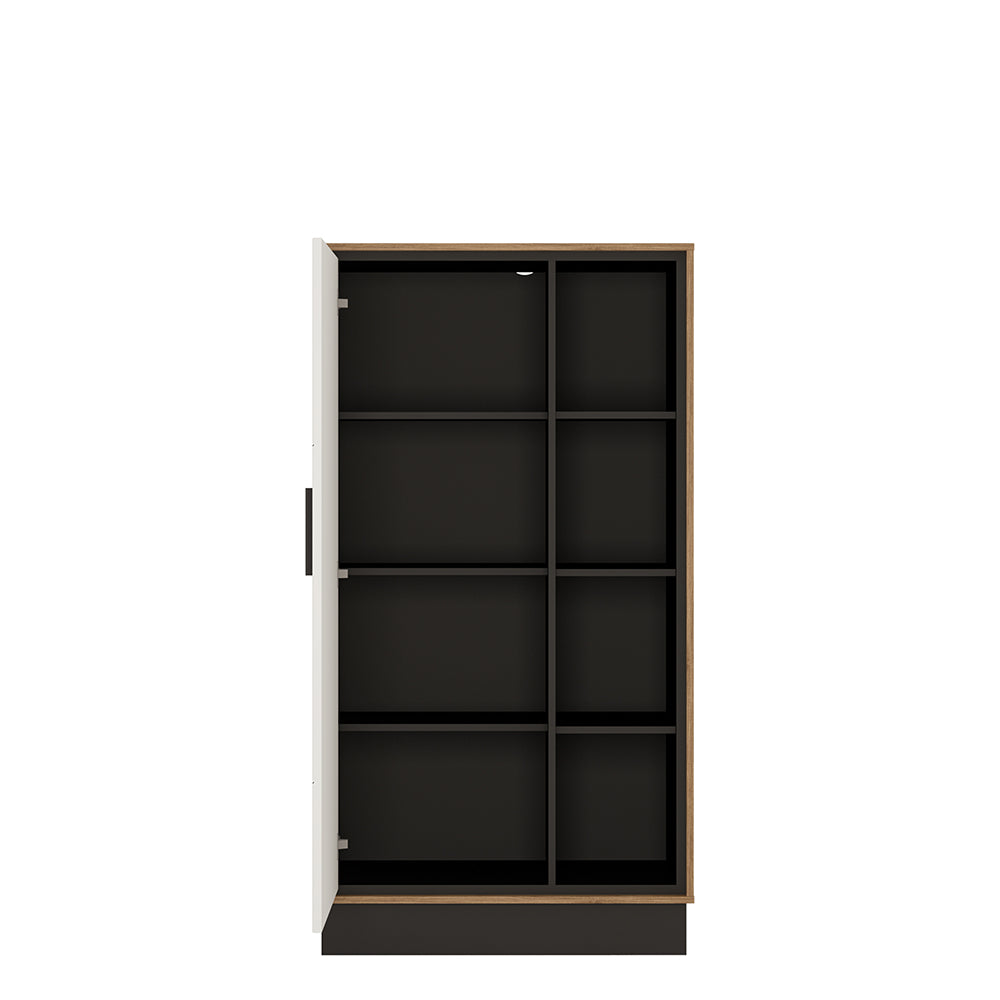 brolo wide 1 door bookcase with the walnut and dark panel finish