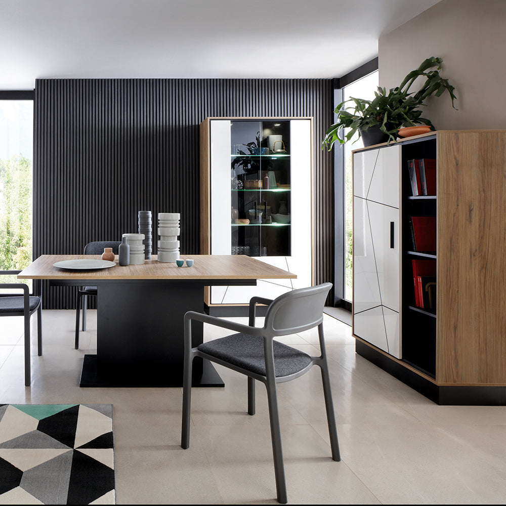 brolo wide 1 door bookcase with the walnut and dark panel finish