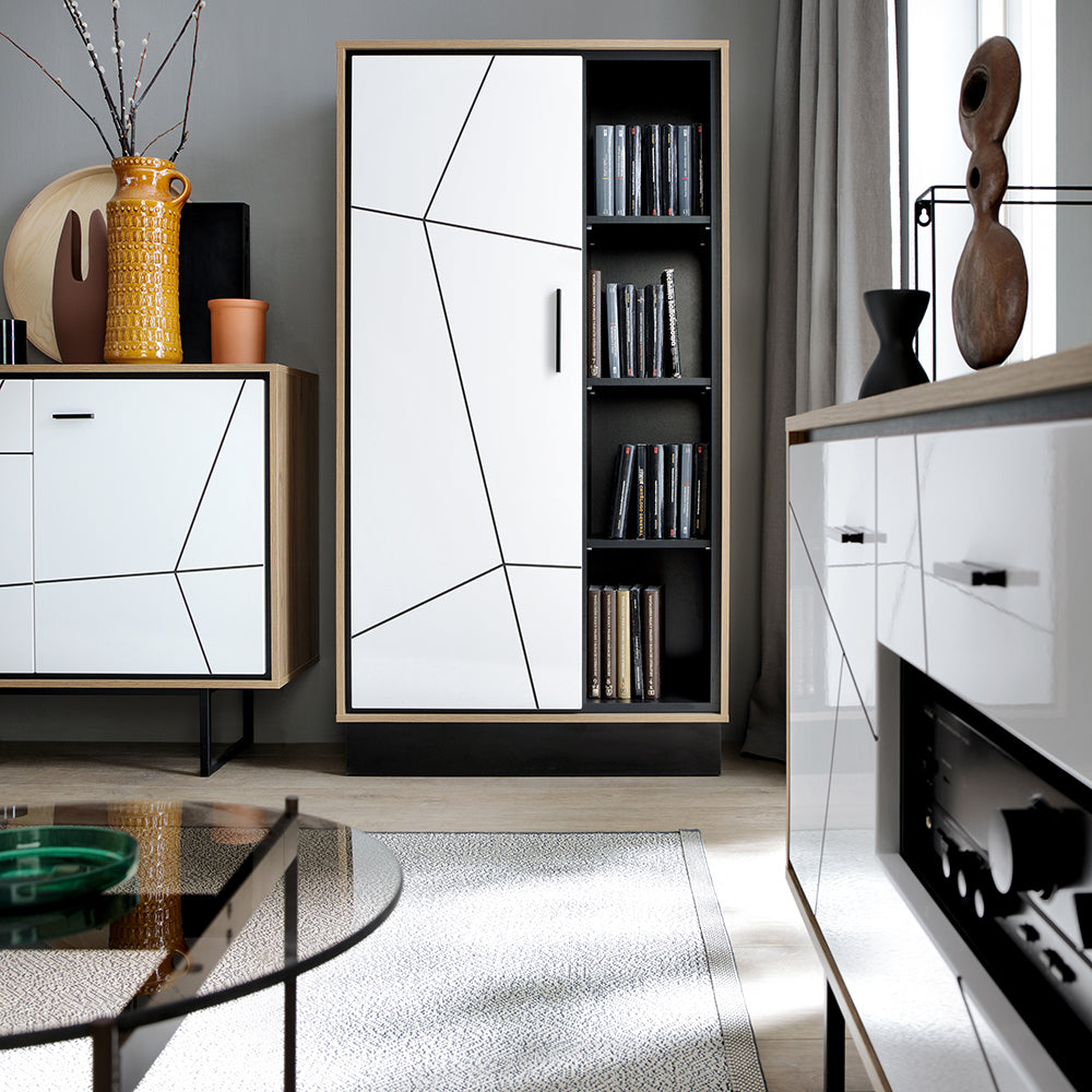 brolo wide 1 door bookcase with the walnut and dark panel finish