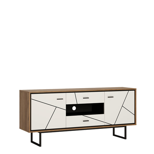brolo 2 door 2 drawer tv unit with the walnut and dark panel finish