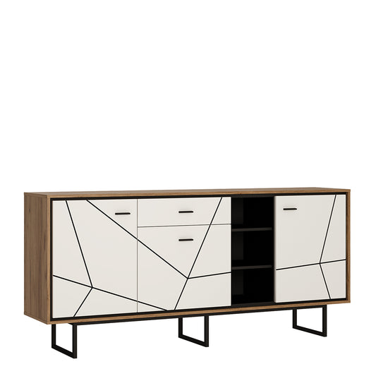 brolo 3 door 1 drawer wide sideboard with the walnut and dark panel finish