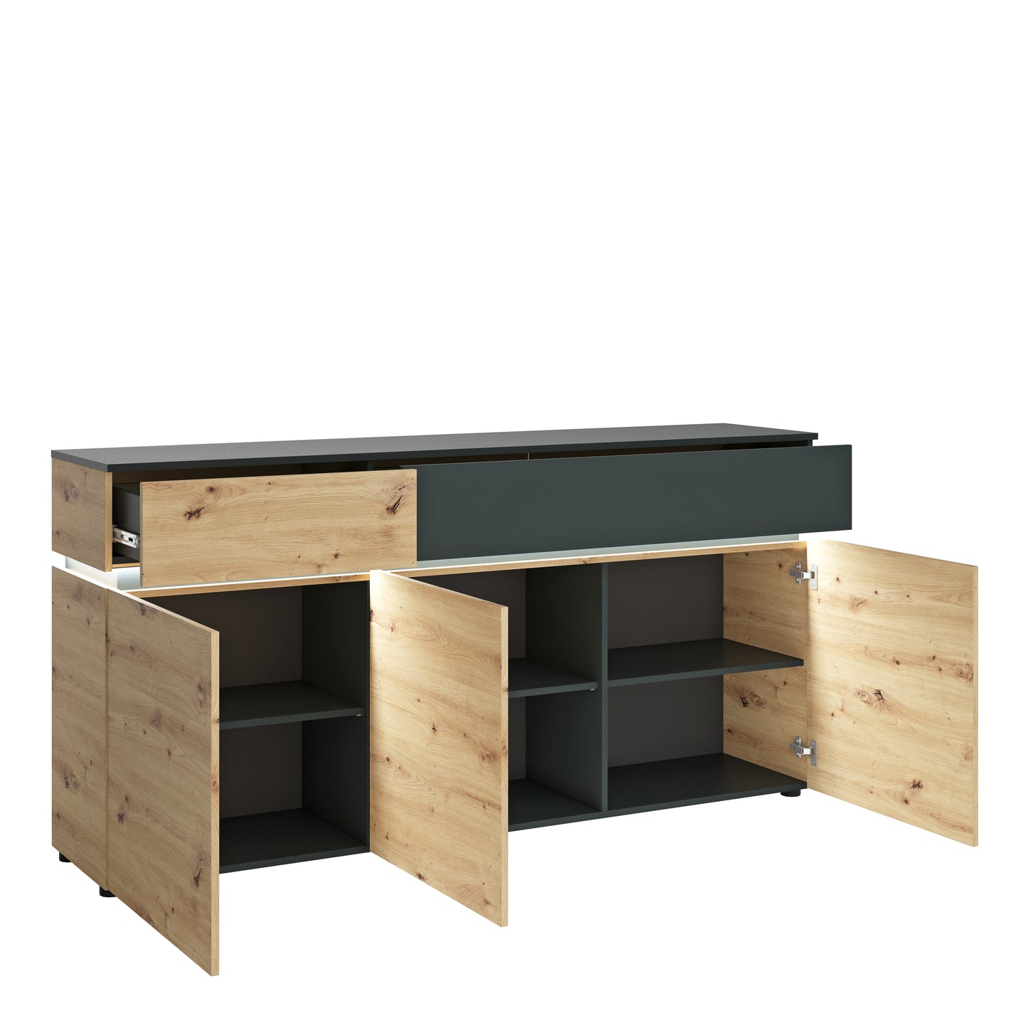 luci 3 door 2 drawer sideboard (including led lighting) in platinum and oak