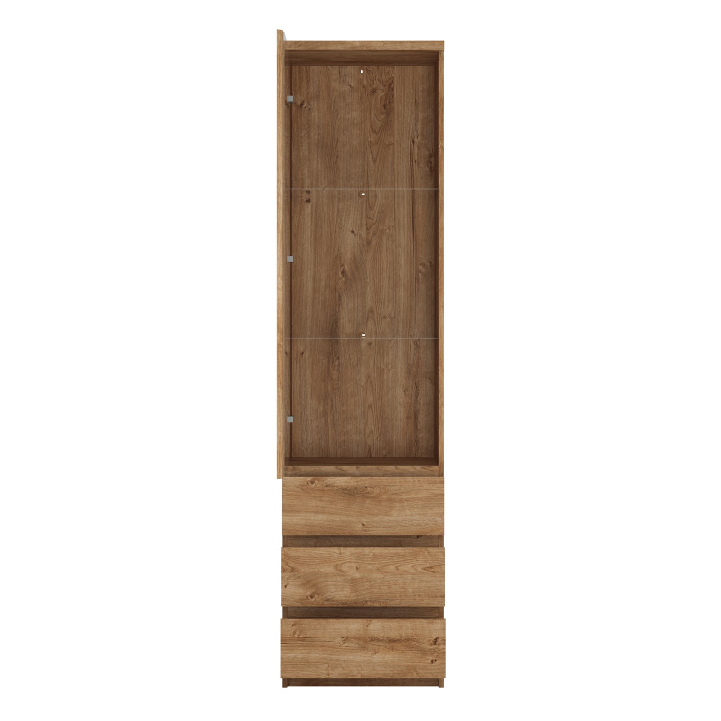 fribo tall narrow 1 door 3 drawer glazed display cabinet in oak