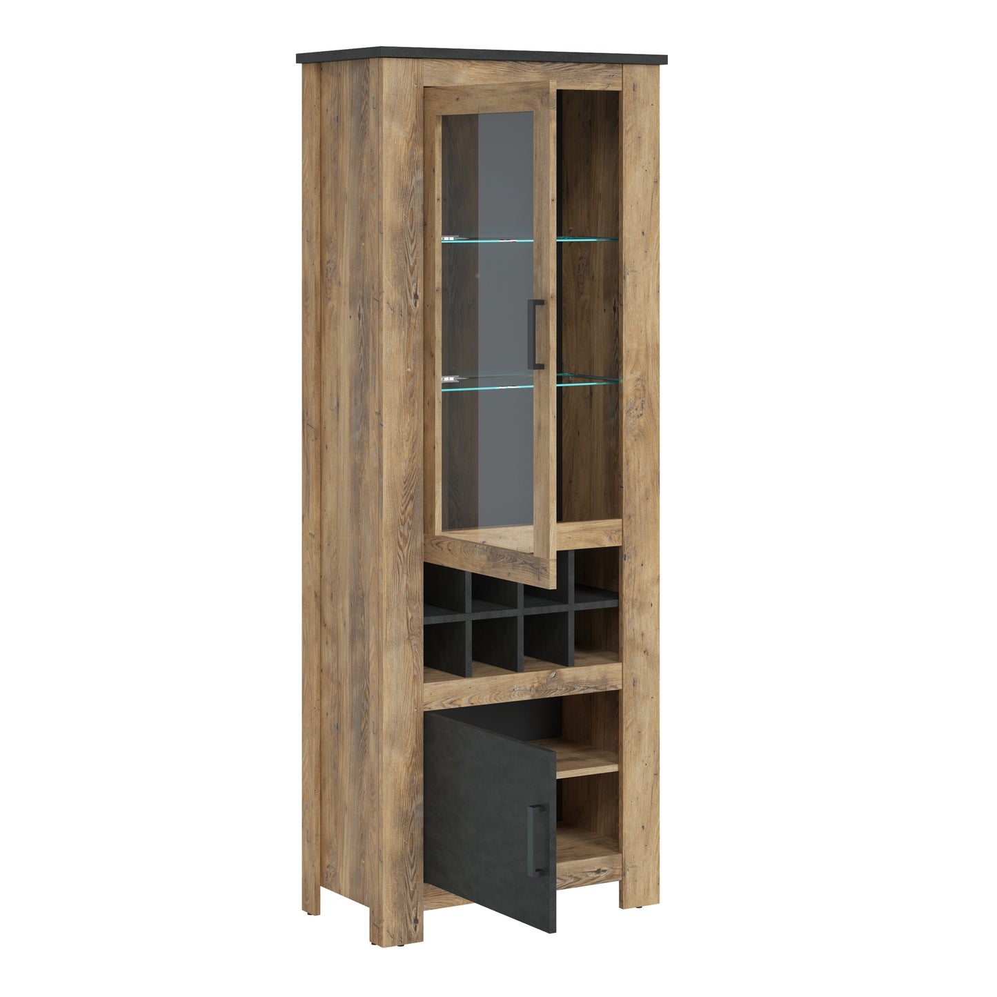 rapallo 2 door display cabinet with wine rack in chestnut and matera grey