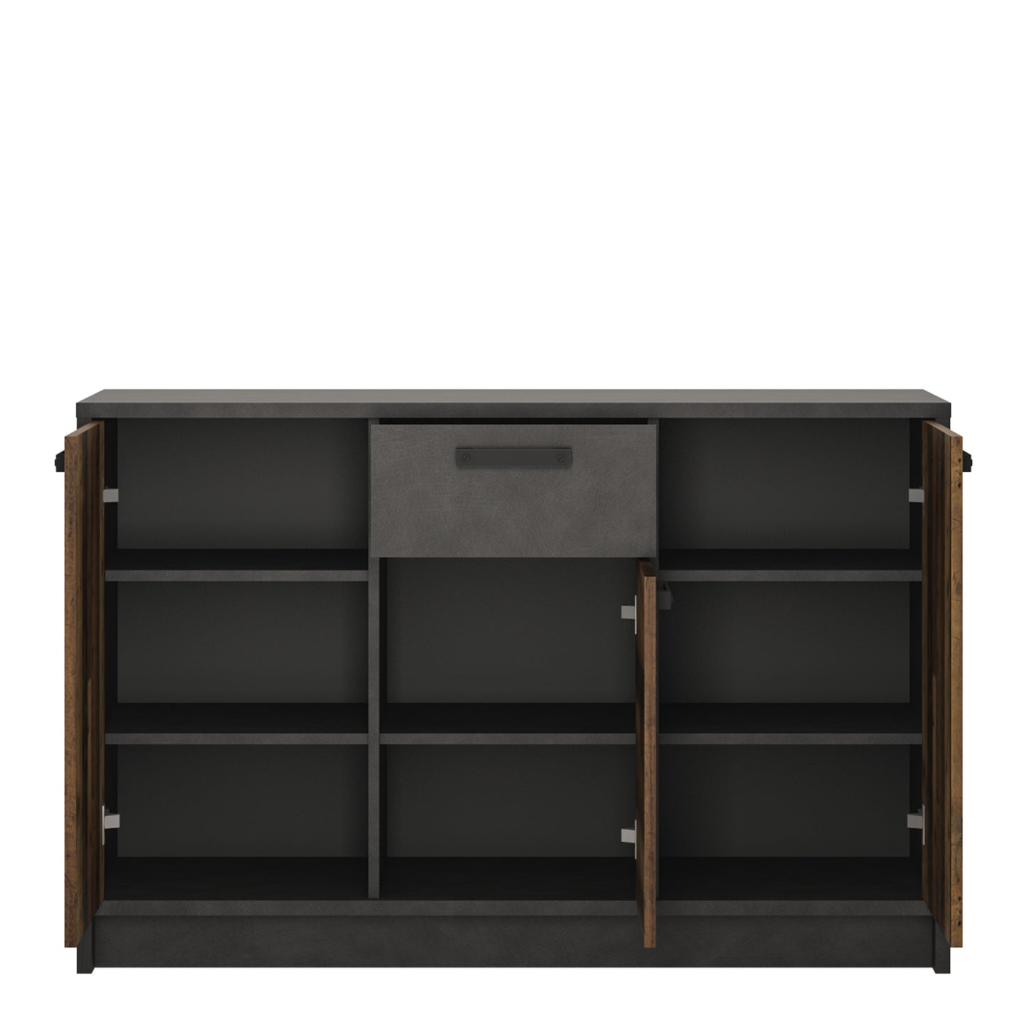 brooklyn cabinet with 3 doors and 1 drawer in walnut and dark matera grey