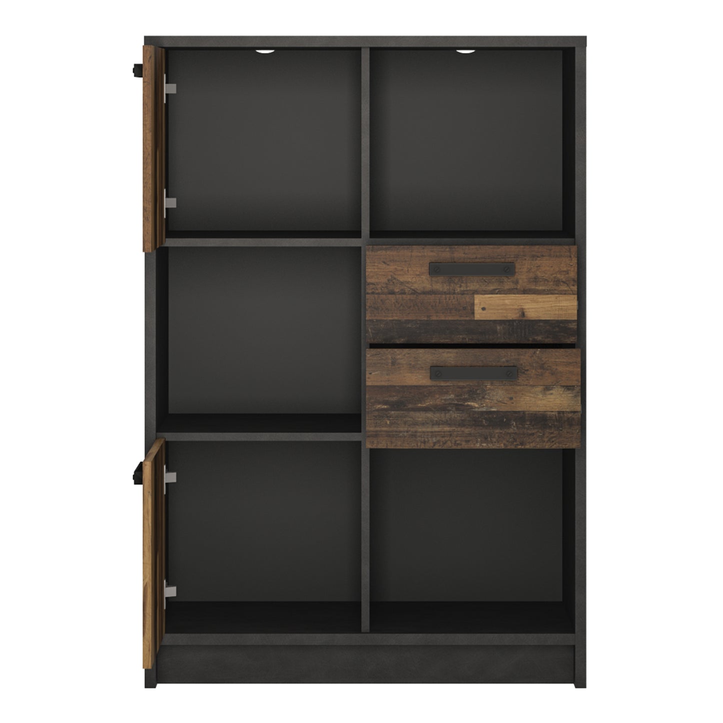 brooklyn low bookcase with 2 doors and 2 drawers in walnut and dark matera grey