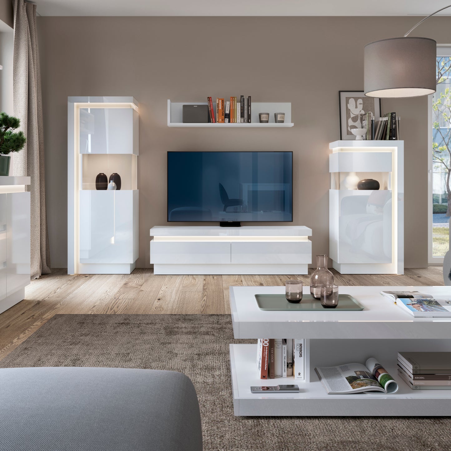 lyon 2 drawer tv cabinet (including led lighting) in white and high gloss