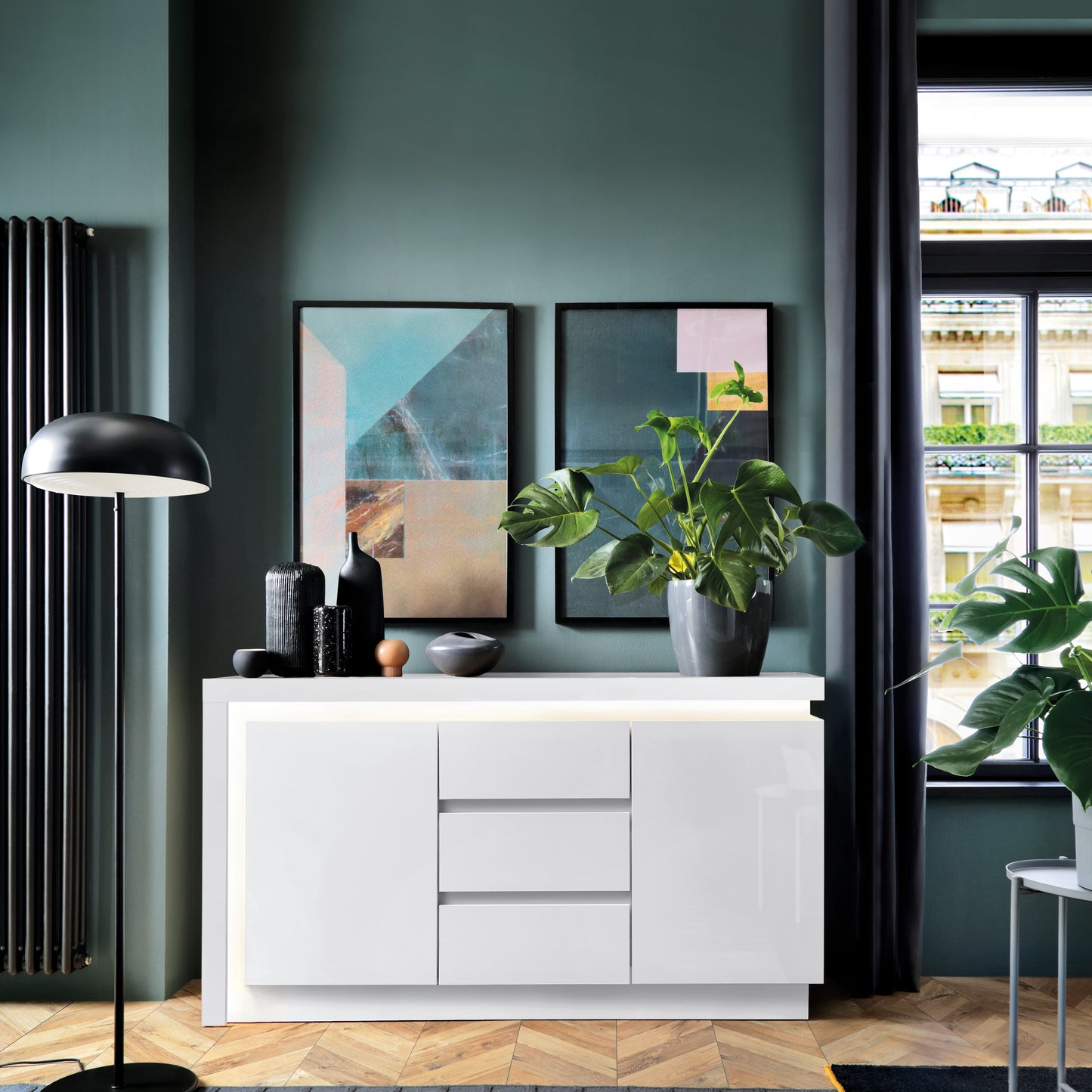 lyon 2 door 3 drawer sideboard (including led lighting) in white and high gloss