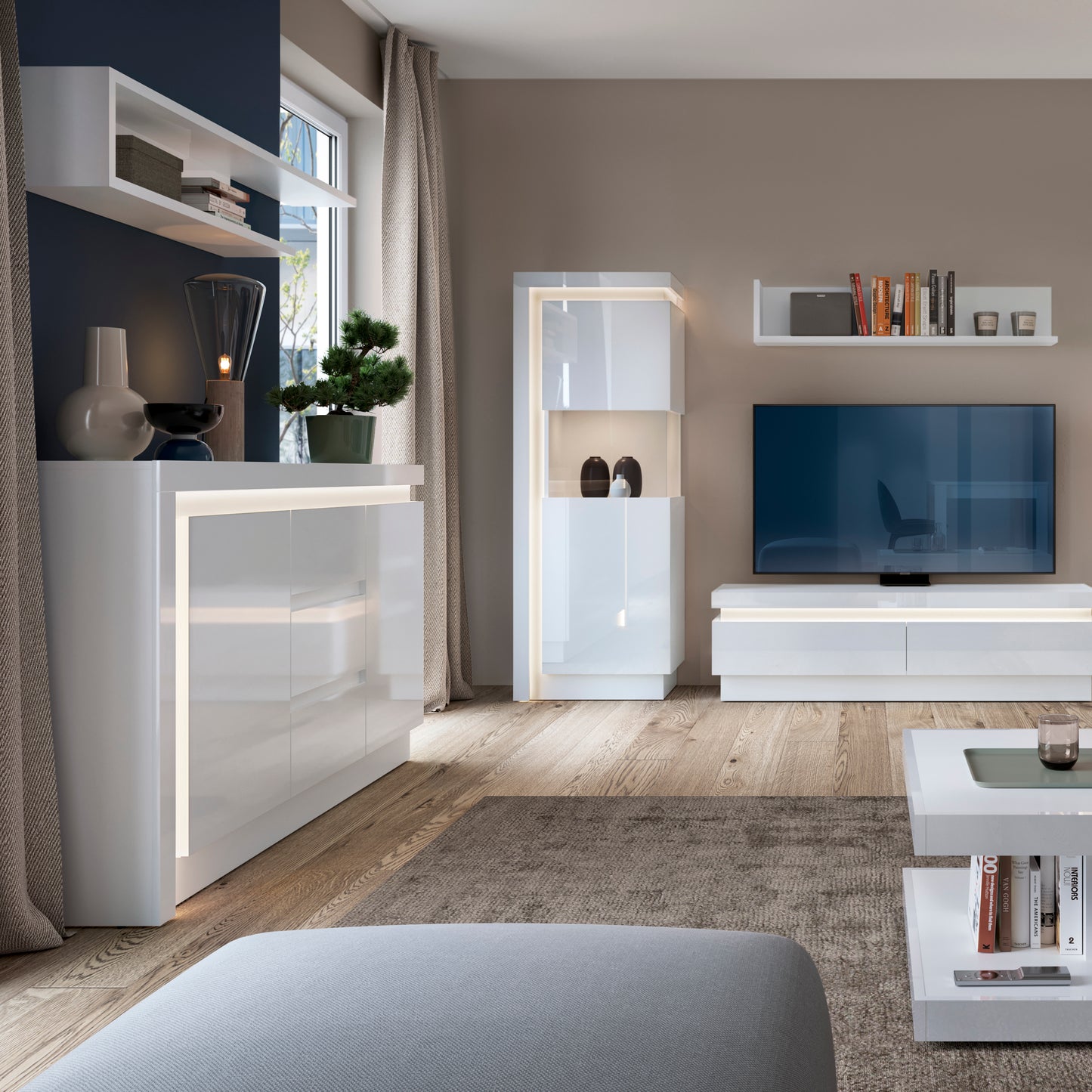 lyon 2 door 3 drawer sideboard (including led lighting) in white and high gloss