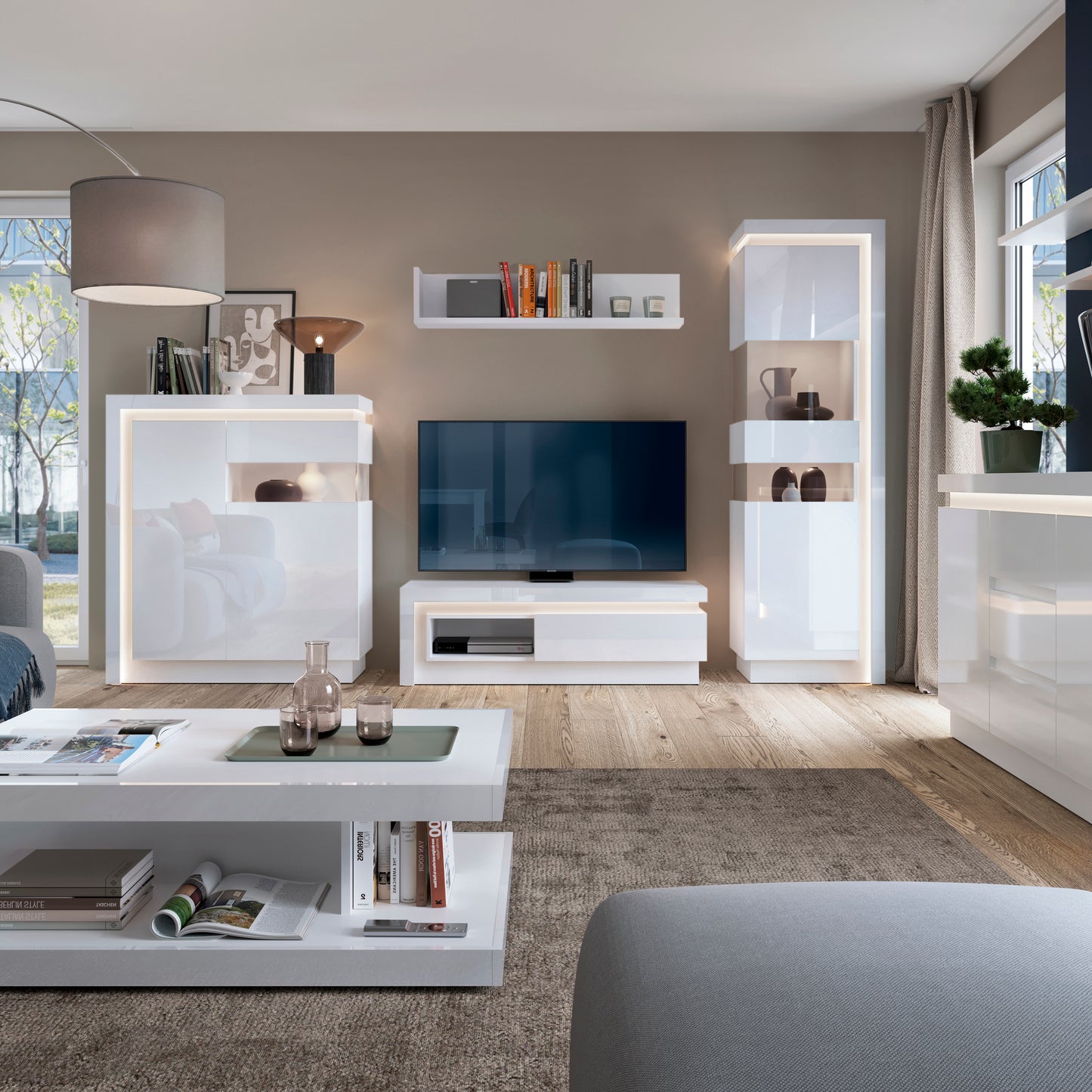 lyon tall narrow display cabinet (lhd) (including led lighting) in white and high gloss