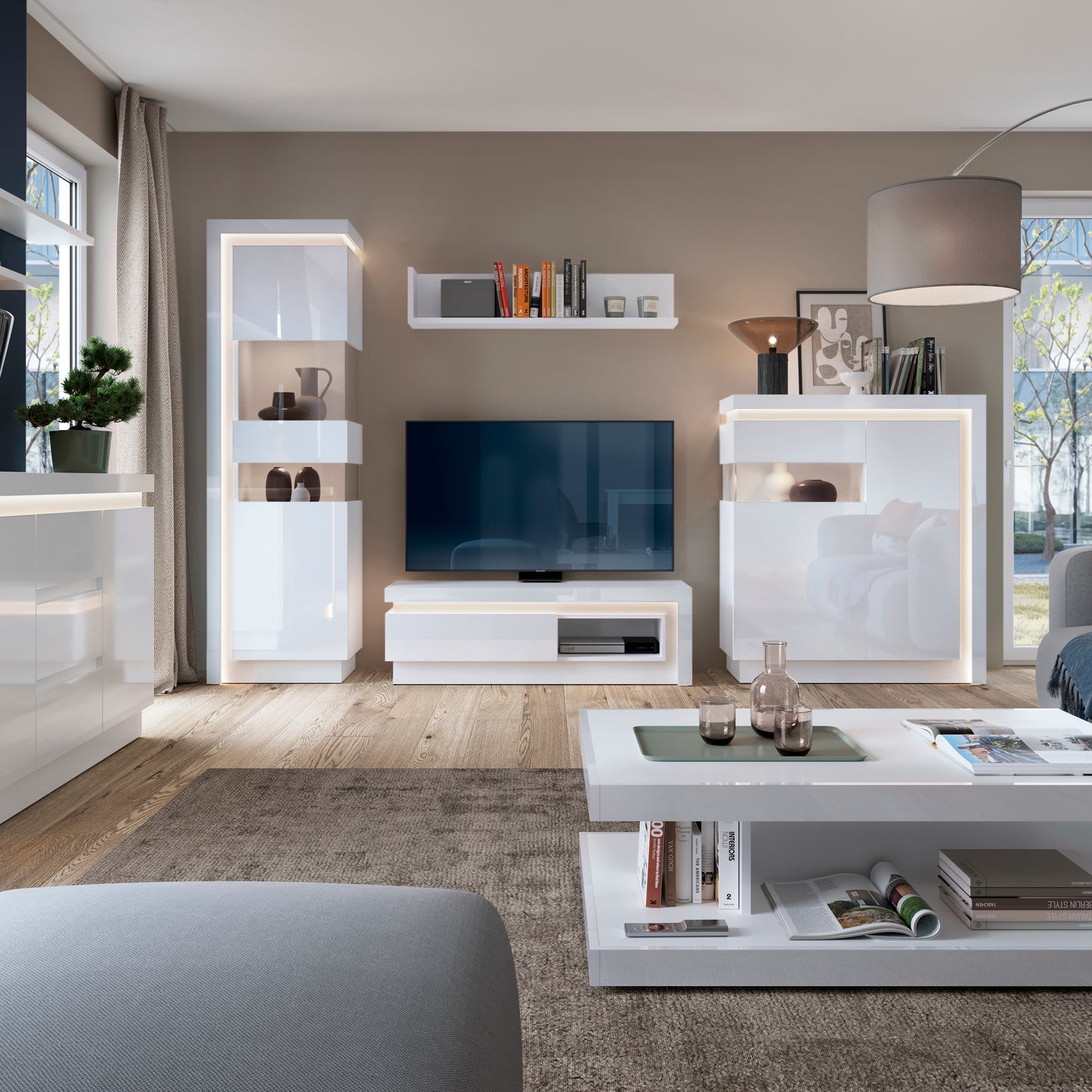 lyon tall narrow display cabinet (rhd) (including led lighting) in white and high gloss