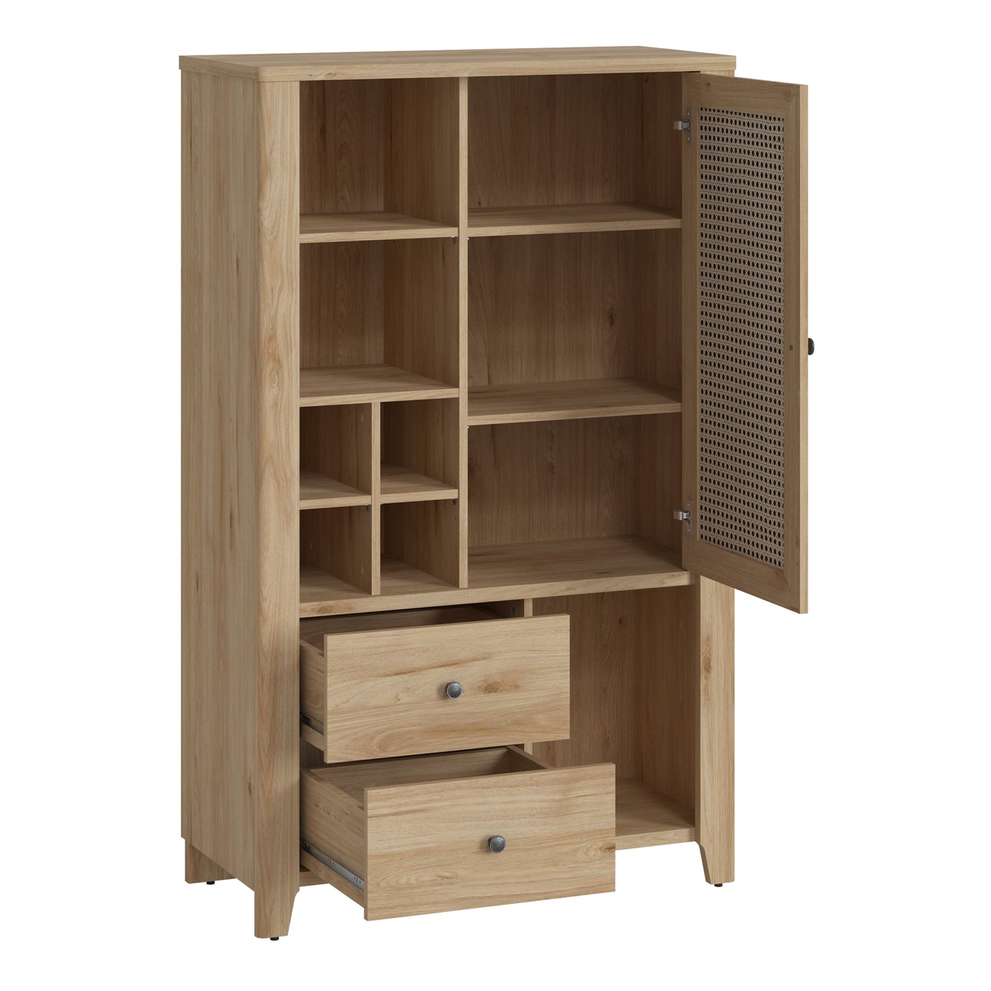 cestino 1 door 2 drawer cabinet in jackson hickory oak and rattan effect