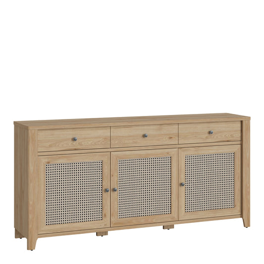 cestino 3 door 3 drawer sideboard in jackson hickory oak and rattan effect