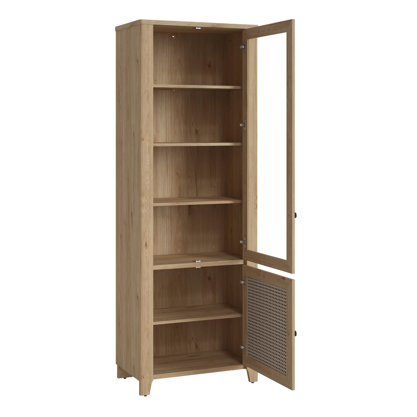 cestino 2 door display cabinet in jackson hickory oak and rattan effect