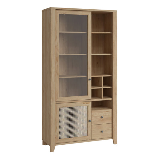 cestino 2 door 2 drawer display cabinet in jackson hickory oak and rattan effect