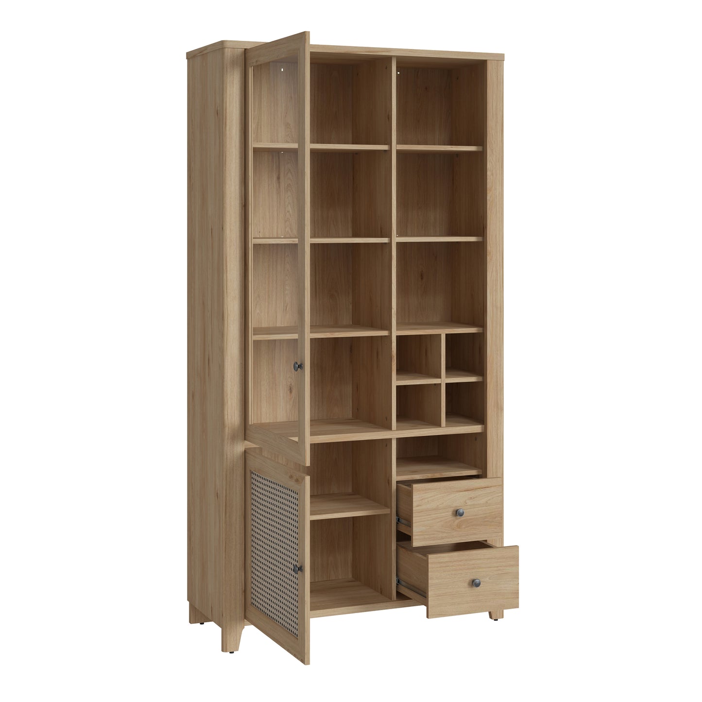 cestino 2 door 2 drawer display cabinet in jackson hickory oak and rattan effect