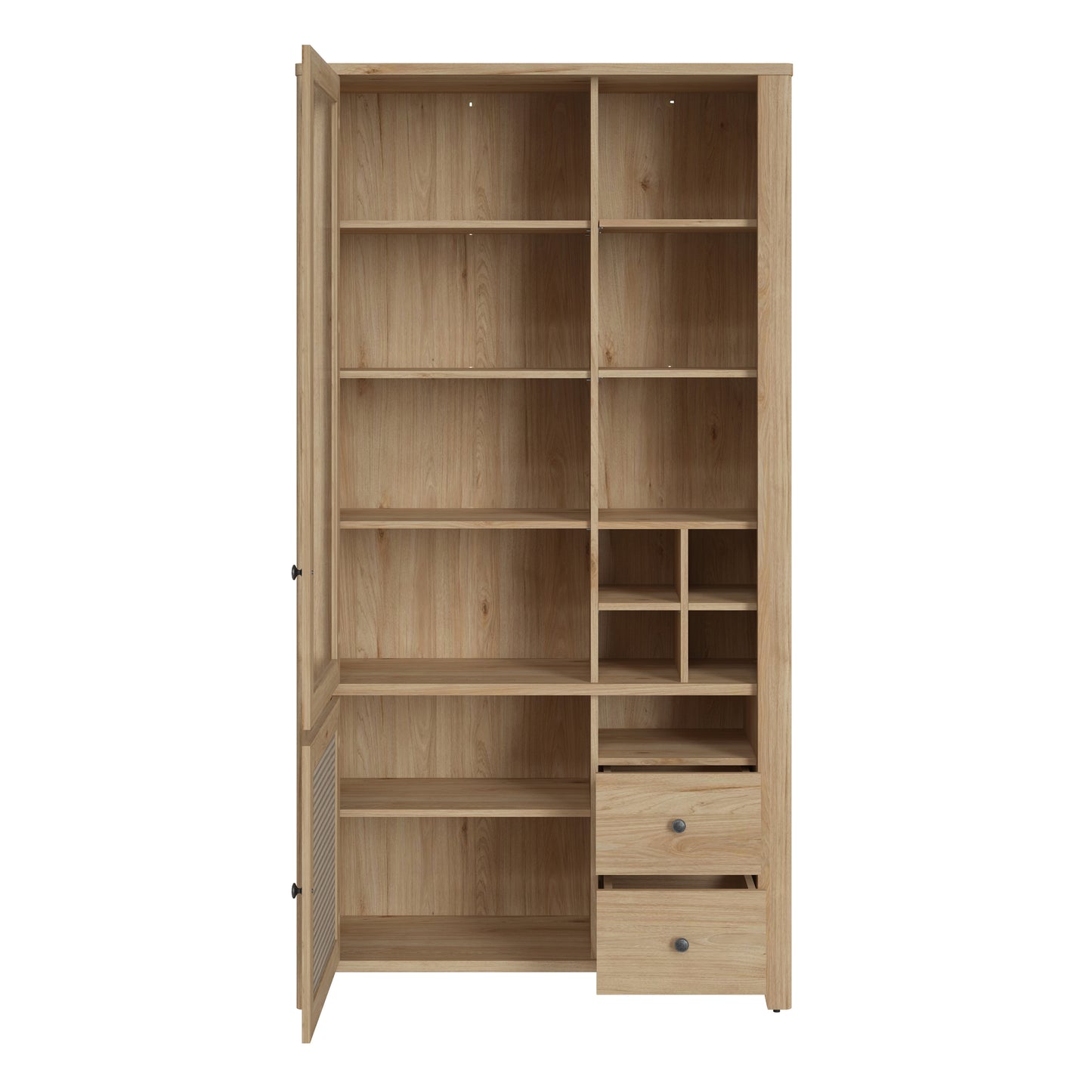 cestino 2 door 2 drawer display cabinet in jackson hickory oak and rattan effect