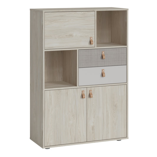 denim 3 door 2 drawer cabinet in light walnut, grey fabric effect and cashmere