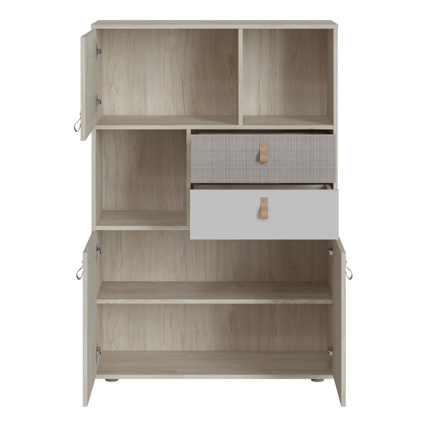 denim 3 door 2 drawer cabinet in light walnut, grey fabric effect and cashmere