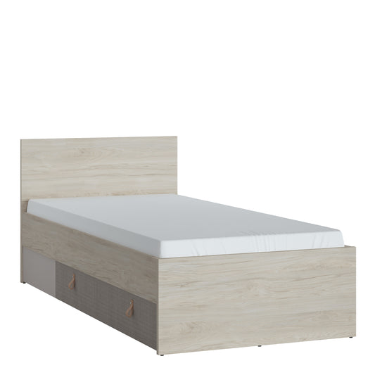 denim 90cm bed with 1 drawer in light walnut, grey fabric effect and cashmere