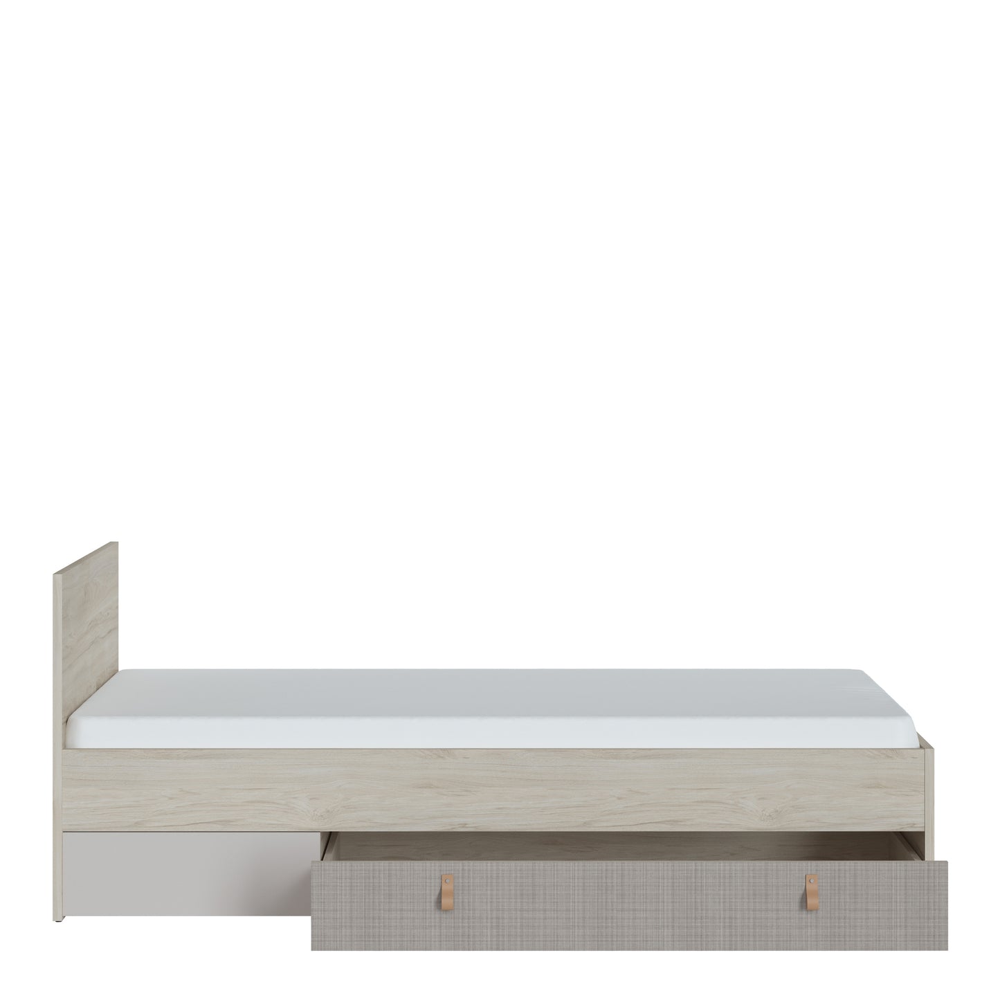 denim 90cm bed with 1 drawer in light walnut, grey fabric effect and cashmere