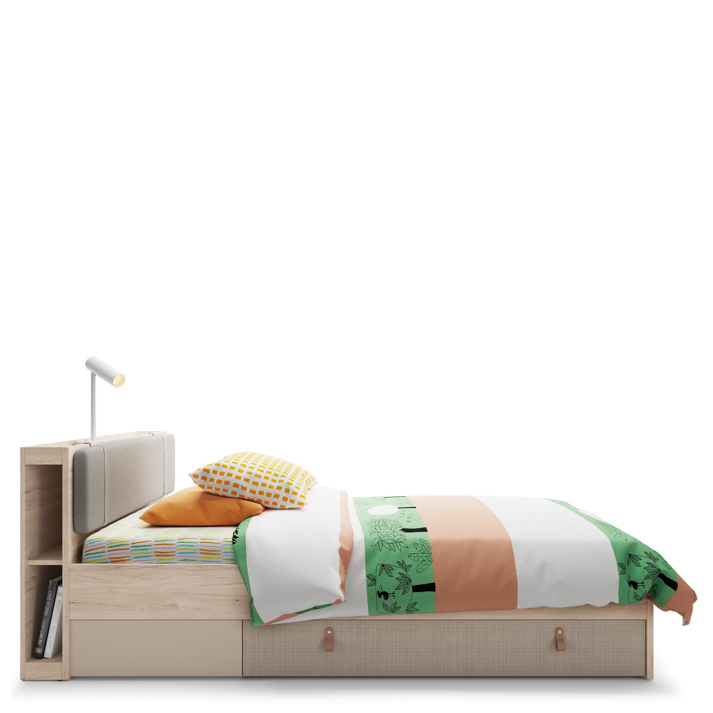denim 90cm bed with 1 drawer in light walnut, grey fabric effect and cashmere